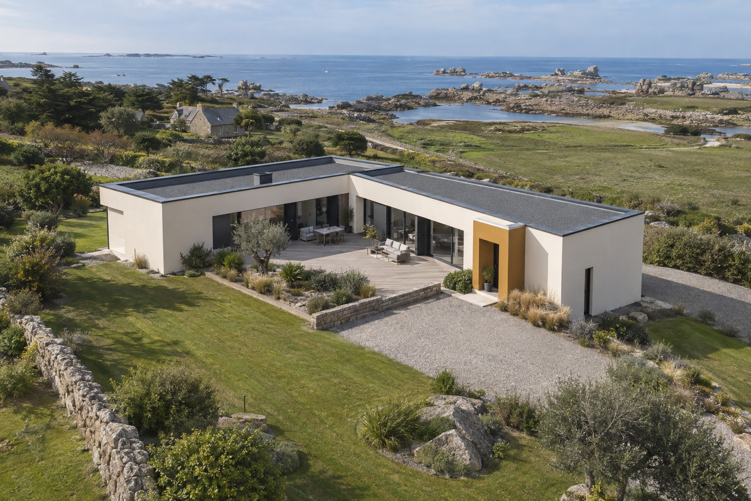 Maison de plain-pied près de la mer — image fictive générée par IA
